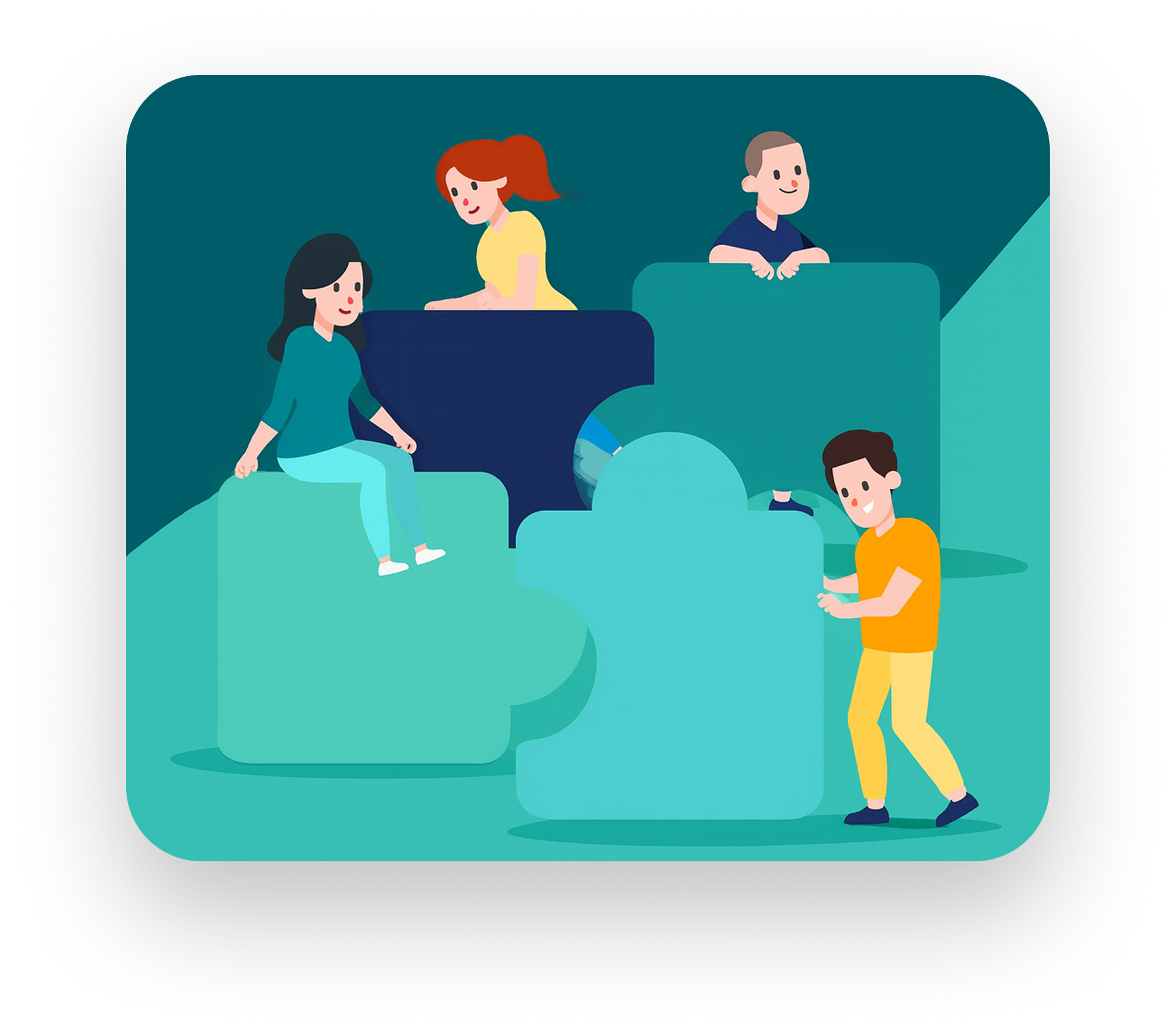 Illustration of people interacting with puzzle pieces